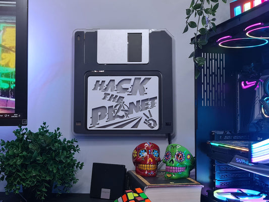 Hack the Planet Floppy Disk Night Light Gift for Gamer - Programmer - Coder or Hacker :) Retro Neon Anarchy Art for Gameroom - Mancave Setup
