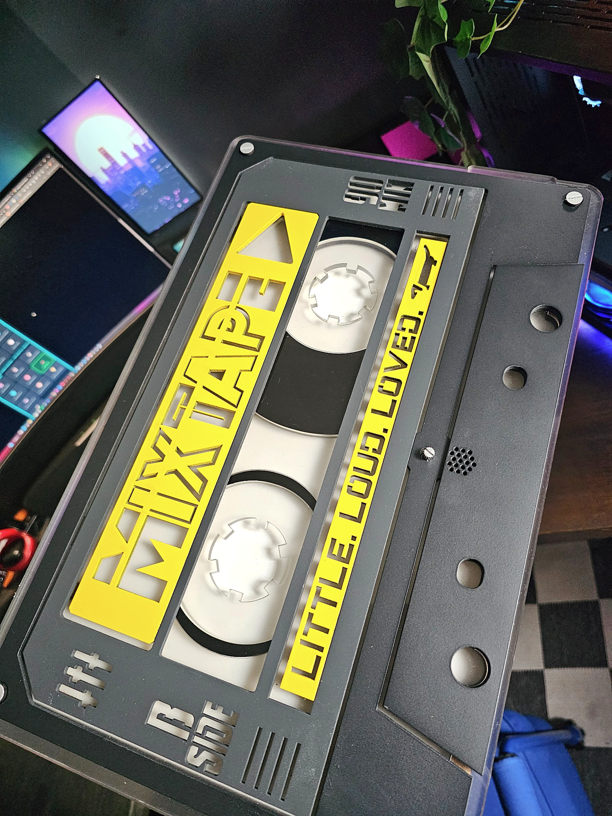 Custom MIXTAPE cassette in yellow and black, unlit