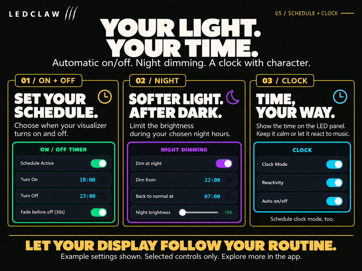 Schedule, night dimming and clock mode