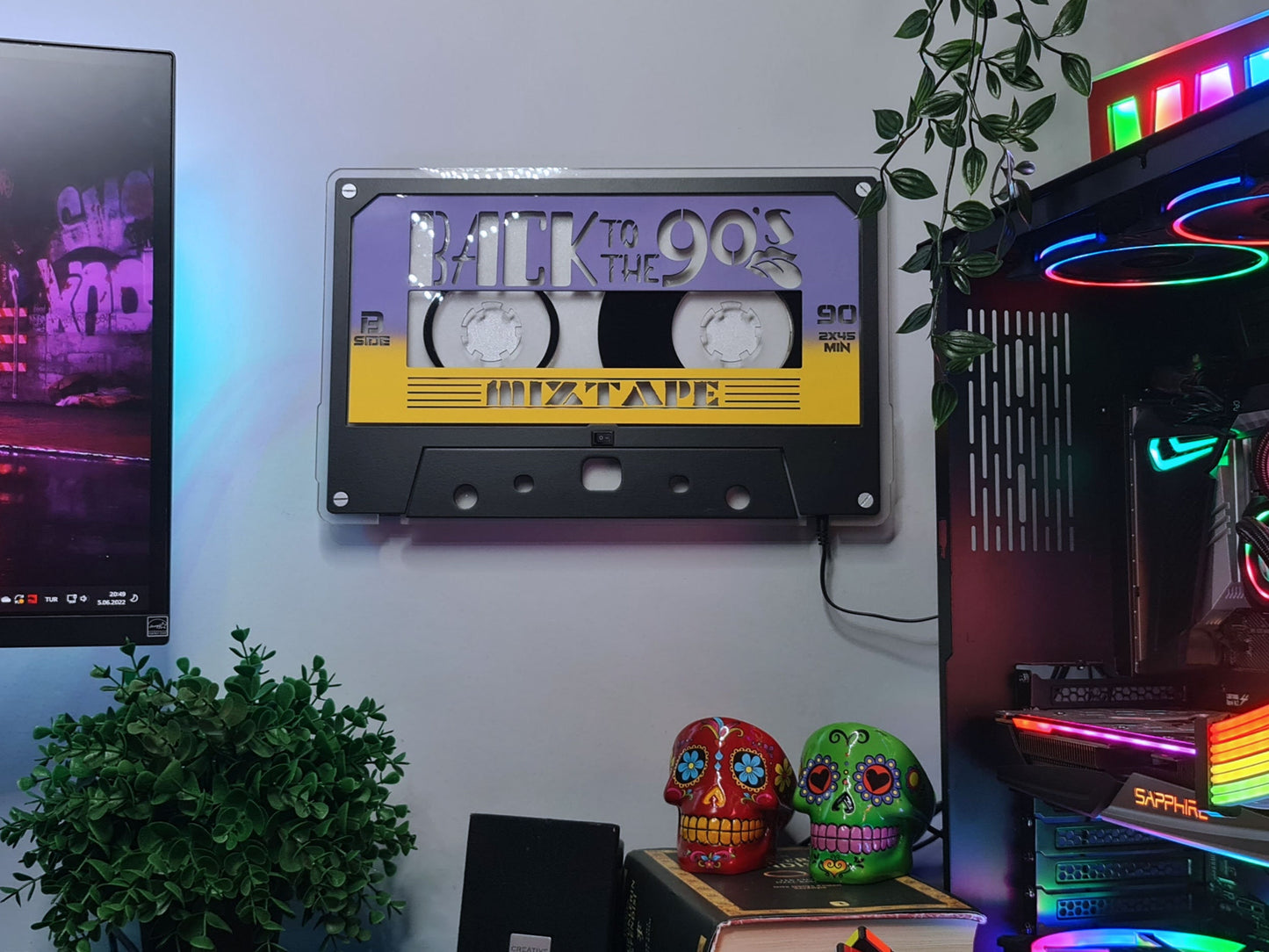 BACK to the 90s Cassette Tape Wall & Shelf Nightlight w/ Custom Album or Song Name | 90s Party Themed Retro Neon Mixtape | 80s Lip Icon